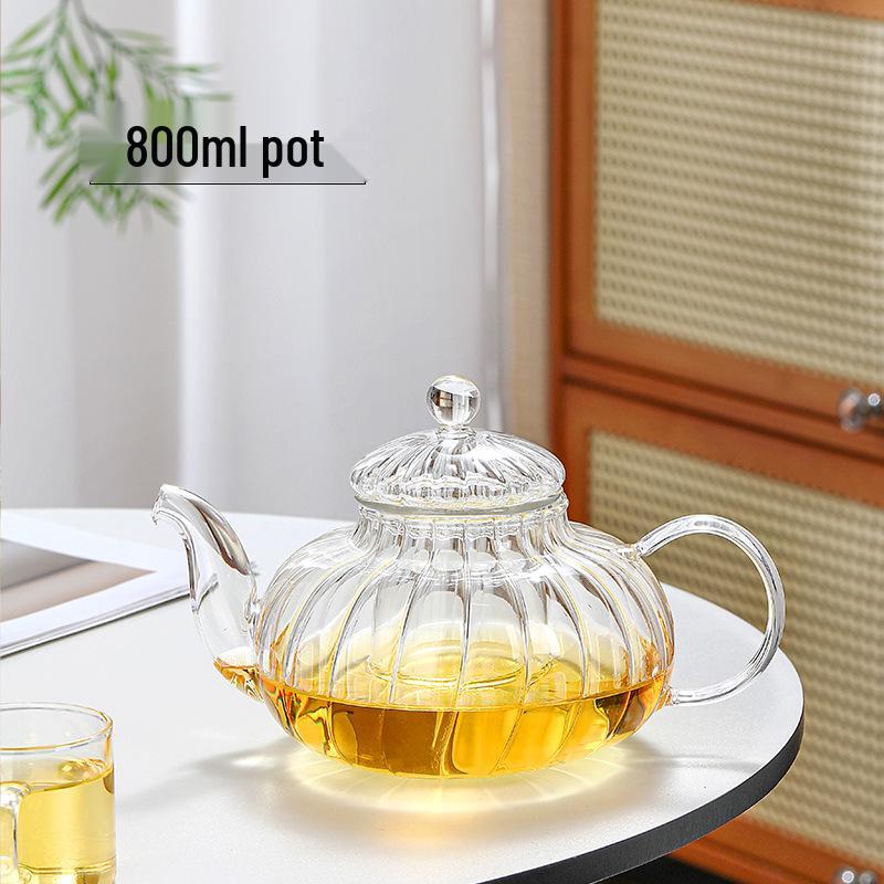 Pumpkin-Shaped High-Temperature Resistant Floral Teapot with Infuser, Thickened Borosilicate Glass