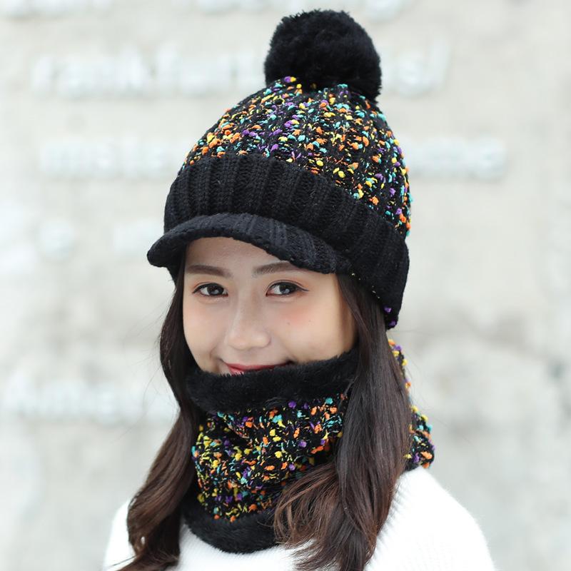 Autumn and winter women's hats trendy velvet thickened warm hairball wool hat scarf knitted hat two-piece set