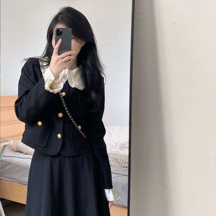 Zimní elegantní dvoudílná sada Dámské Vintage Knoflík Crop Kabát Midi Sukně Sada Podzimní Vintage Tenká kancelářská Dámská Módní Soupravy