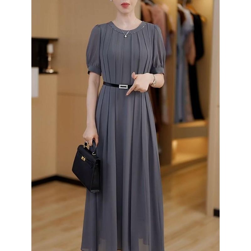Women s Solid Color Puff Sleeve Chiffon Maxi Dress M серый