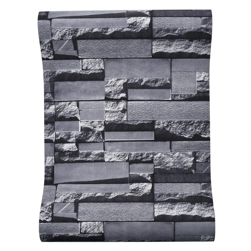 Slate Stone Brick Effect Washable Vinyl PVC Wall Paper Living Room Background Wallcovering Wallpaper Black Grey Stacked Brick