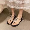Flat bottom large size sandals women's summer new fashion rhinestone flower toe elastic casual sandals