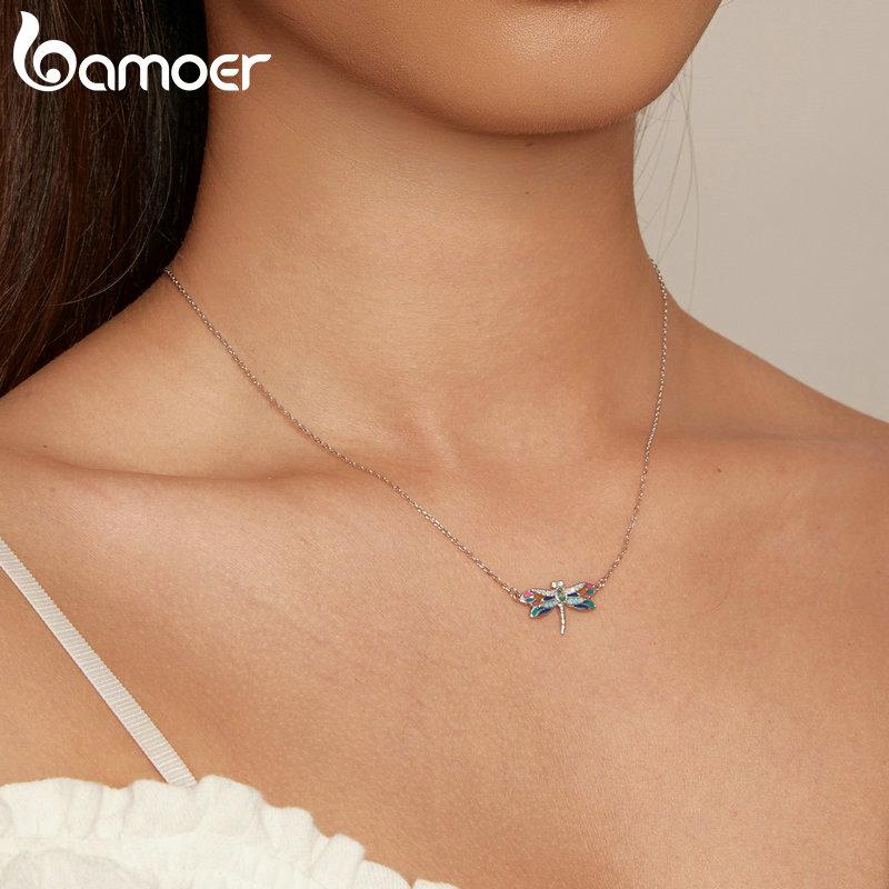 BAMOER Colier cu pandantiv cu libelule smalț colorat din argint 925, lanț delicat pentru gât de insecte pentru femei, cadou de Ziua Îndrăgostiților