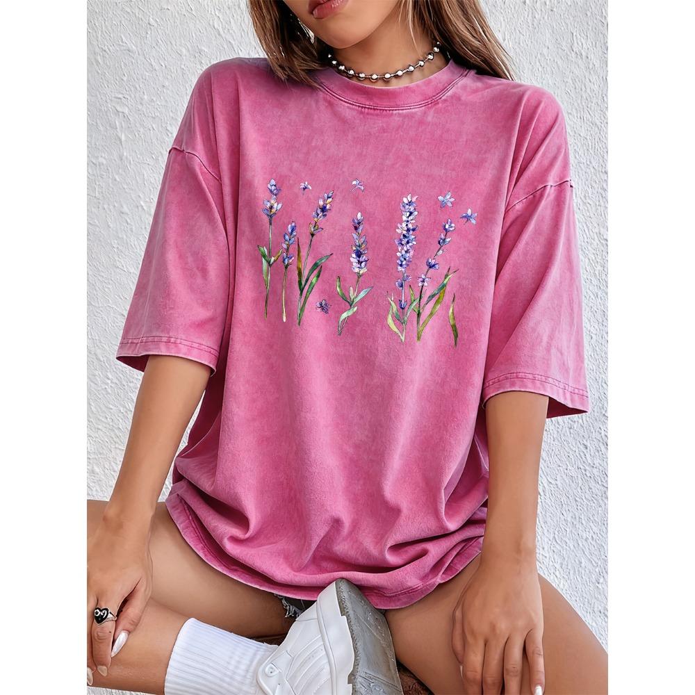 Fresh Lavender Flowers Printing Washed T-Shirts Womens Cotton Short Sleeve Tops Street O-Neck Oversize T Shirts Summer Clothes