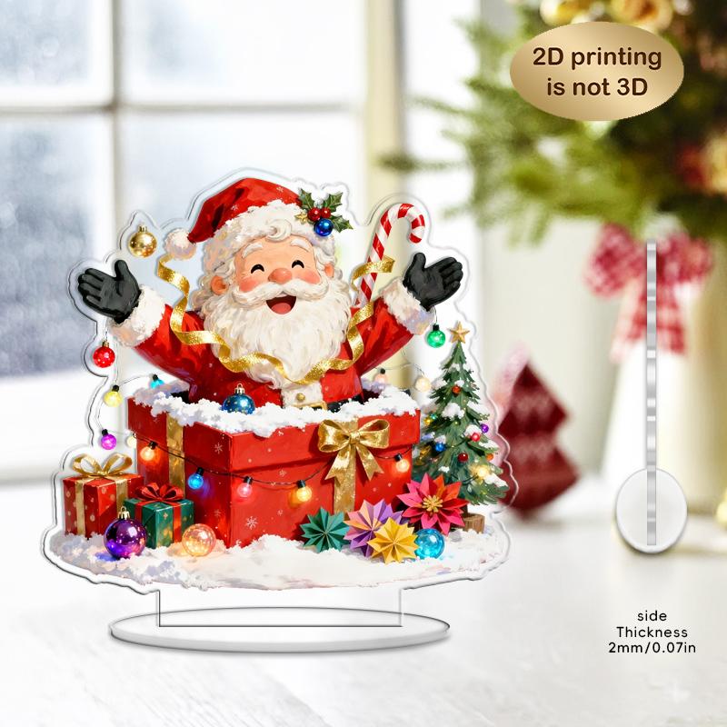 2D Jul Akryl Ornament Jultomten Och Presentaskar Färgtryck Platta Bordsdekorationer för Julklappar