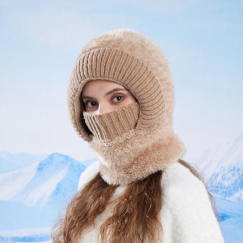Winter Outdoor Warm Pullover Cap Women's Velvet Ear Protection Riding Neck Integrated Knitted Wool Cap
