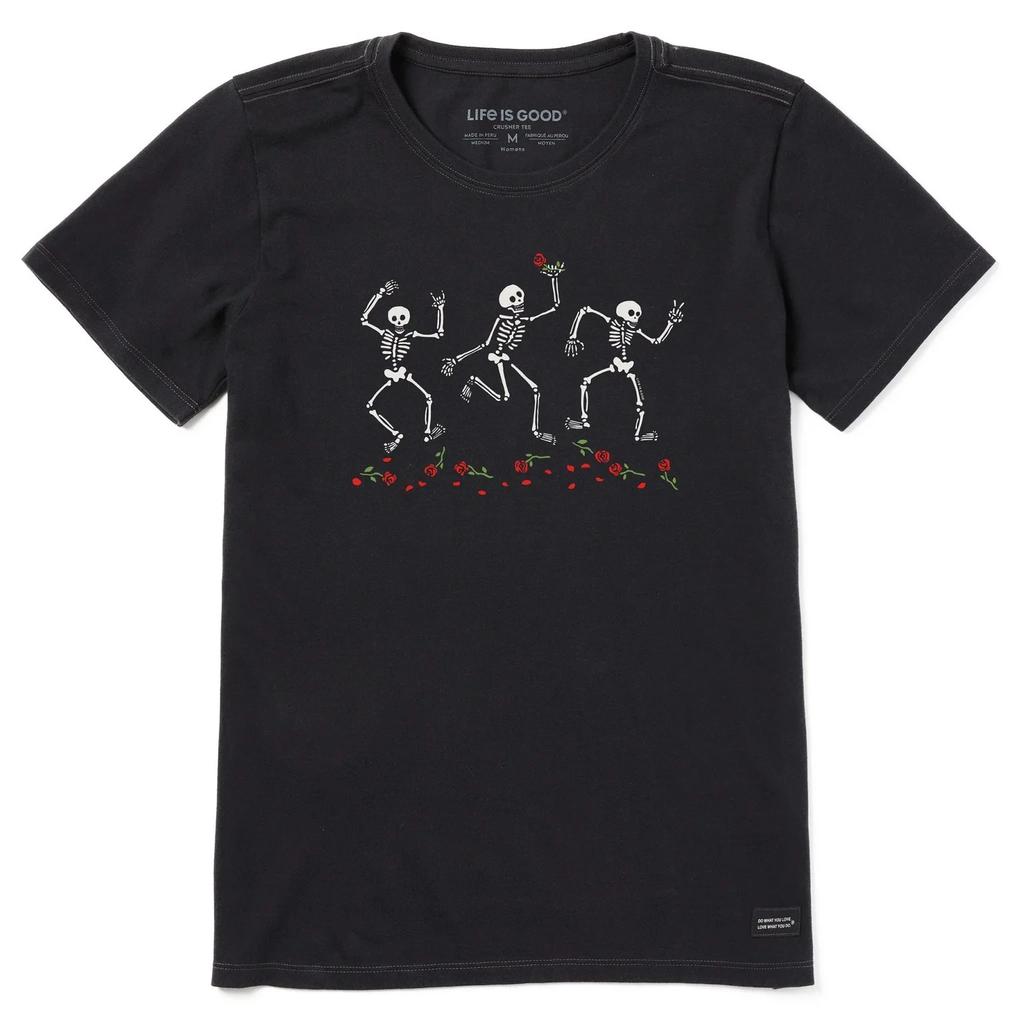 Life Is Good. Women's Skeletons and Roses Short Sleeve Crusher Tee, Faded Black