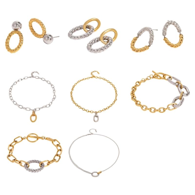 Elegant Stainless Steel Texture Jewelry Set with Round Stripes Designs Includes Necklace Earrings and Bracelet
