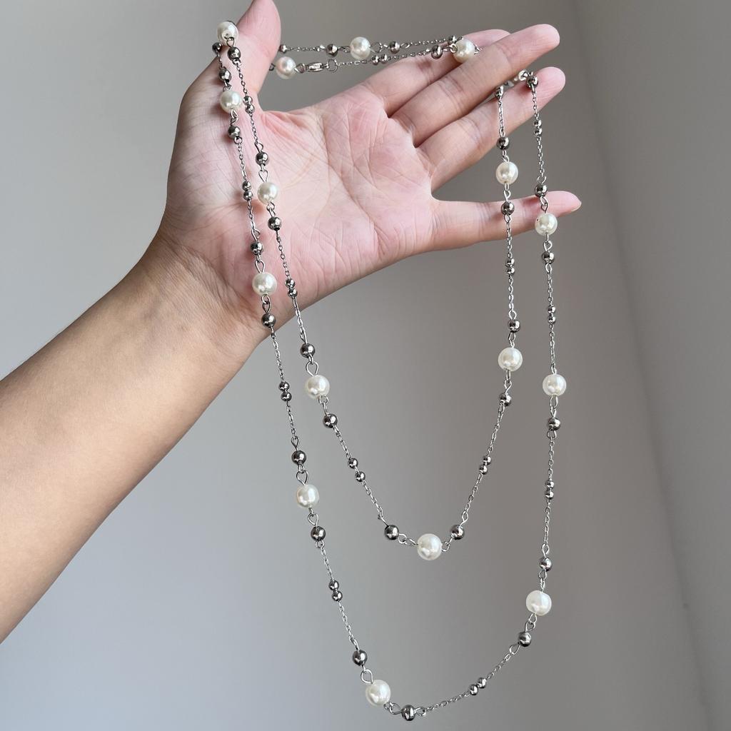 White Pearl Multi-layer Long Necklace, 2025 New Luxury Summer Stackable Sweater Chain Choker