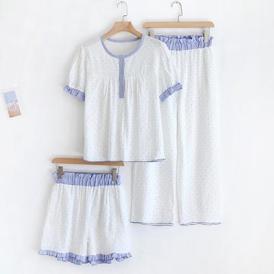 Wiosna i Lato Nowe Piżamy Damskie Trzyczęściowy Zestaw Krótkie Rękawy + Szorty + Spodnie 100% Bawełna Gaza Polka Dot Homewear Set