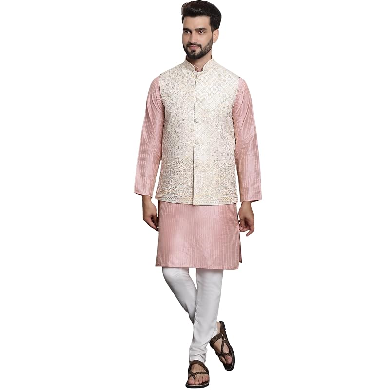 SOJANYA (Since 1958 Men' Silk Blend Kurta and OffWhite Pyjama With Nehru Jacket