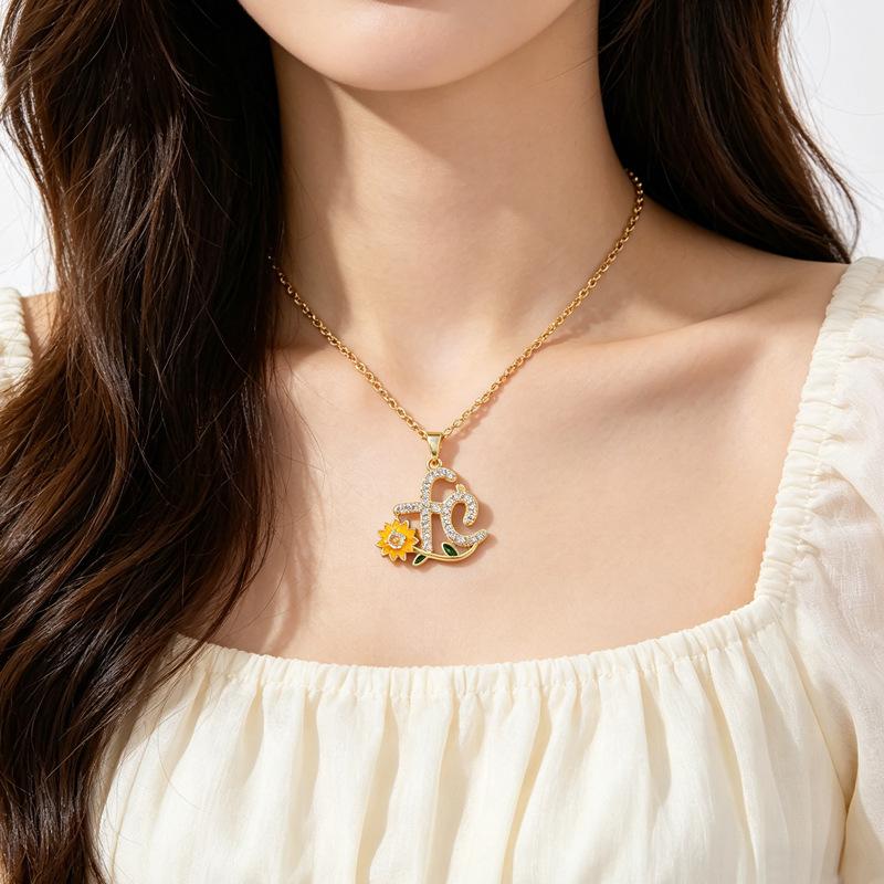 Fashion Zircon Fc Letter Zircon Daisy Pendant Necklace for Women Girls Sweet Stainless Steel Chain Jewelry Accessory Gifts