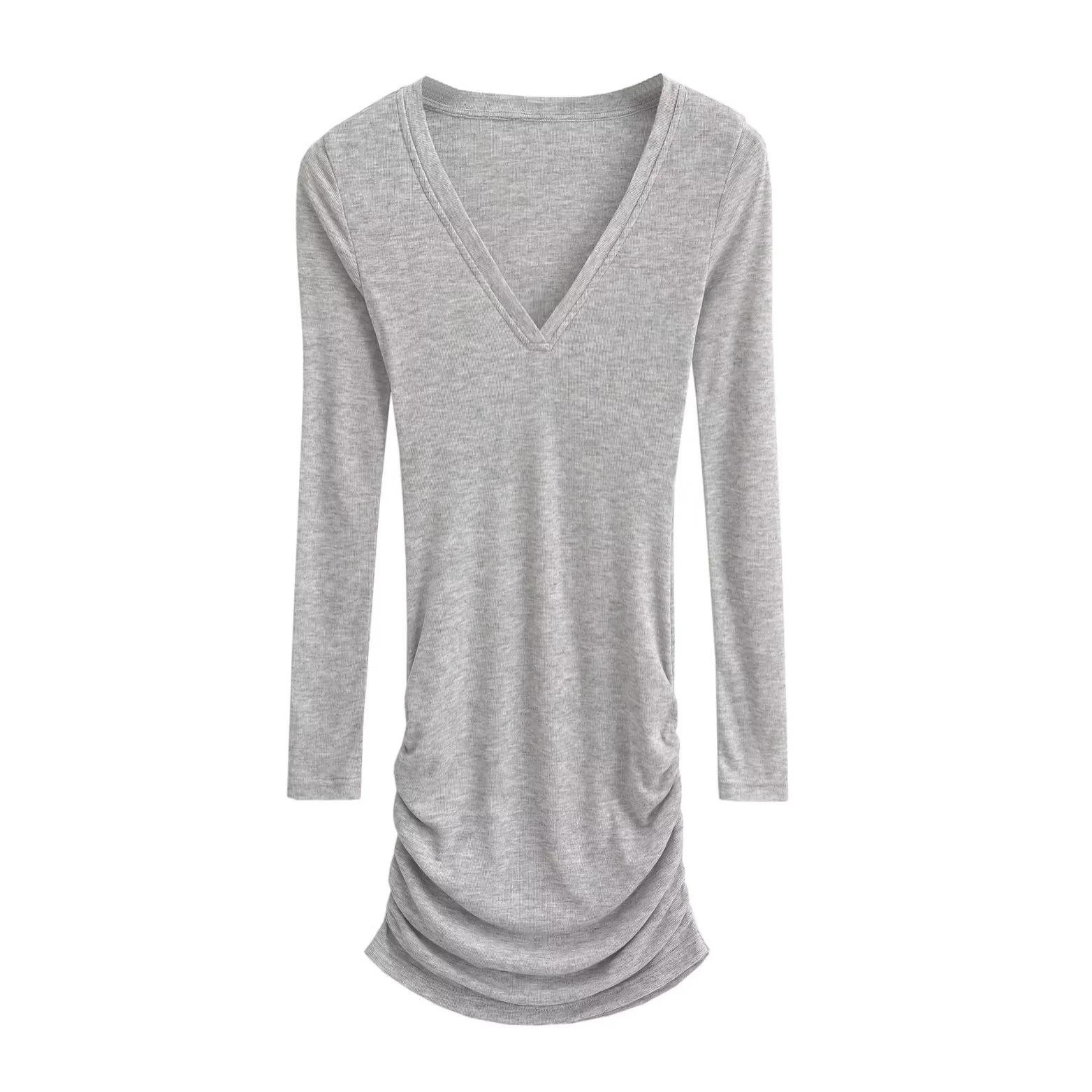 

Petite V-neck Long-Sleeve Mini Dress - Autumn Collection, Pleated, Waist-Cinched, Slimming, Hip-Hugging Design Small