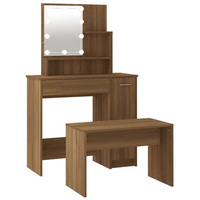 VidaXL Vanity Set with LED Cosmetic Table Makeup Dressing Table Jewelry Table Bedroom Brown Oak 3114122