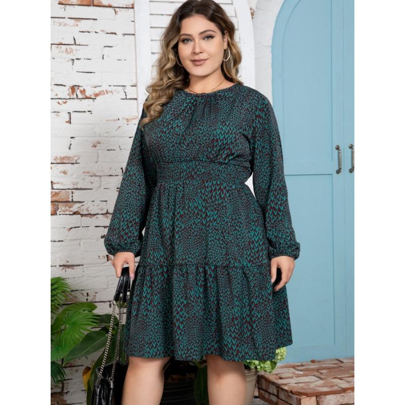 Spring and Autumn Women's Dress Plus Size Printed Long Sleeve Dresses