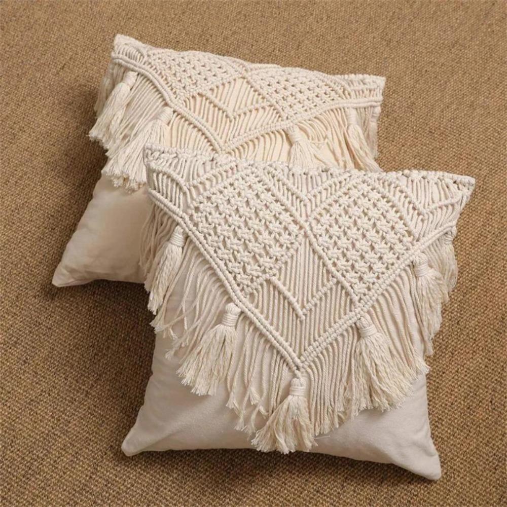 Hand-woven Bohemian Macrame Pillow Cover with Tassel Pillowslip Ethnic Knitted Pillow Case  Bedroom