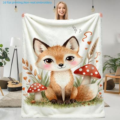 1pc Cute Cartoon Fox and Mushroom Print Blanket, Warm and Comfortable, Multiple Sizes Available, Suitable for Living Room, Bedroom, Study, Balcony, Ou