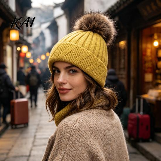 Machine Washable Winter Caps Knitted Hat for Women, Cold Weather Fleece Lined with Pom Thermal Hats Girls Pom, Chunky Snow Hat, Soft Ribbed