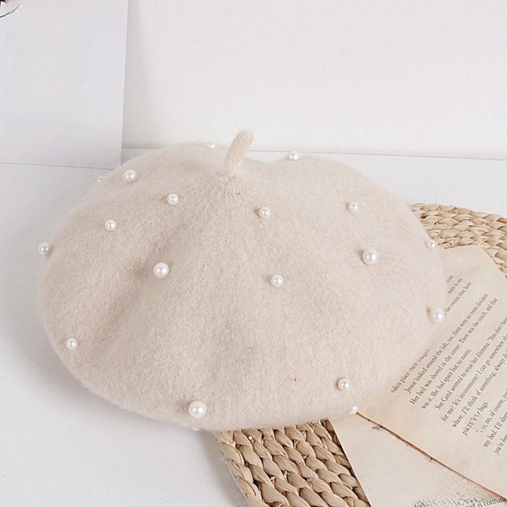 Fashion Pearl Children's Beret Solid Color Woolen Baby Wool Hat Thicken Warm Painter Hat Baby