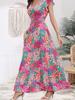 Women Sweet Floral Print Flutter Short Sleeve V Neck A Line Long Vacation Dress