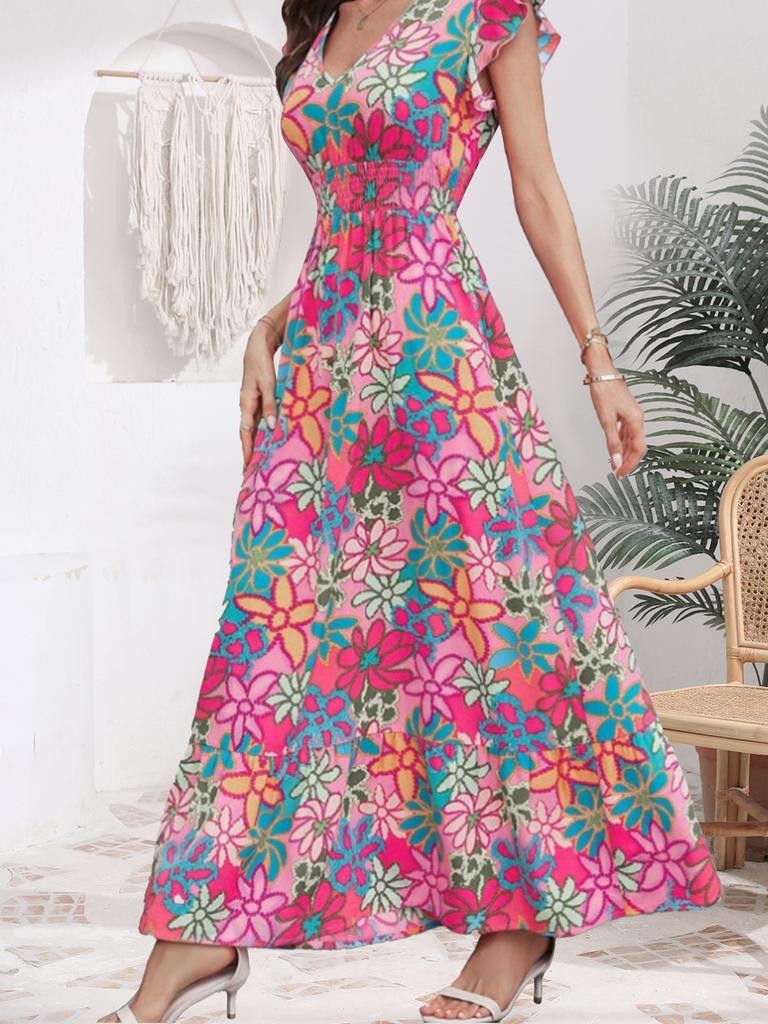 Women Sweet Floral Print Flutter Short Sleeve V Neck A Line Long Vacation Dress