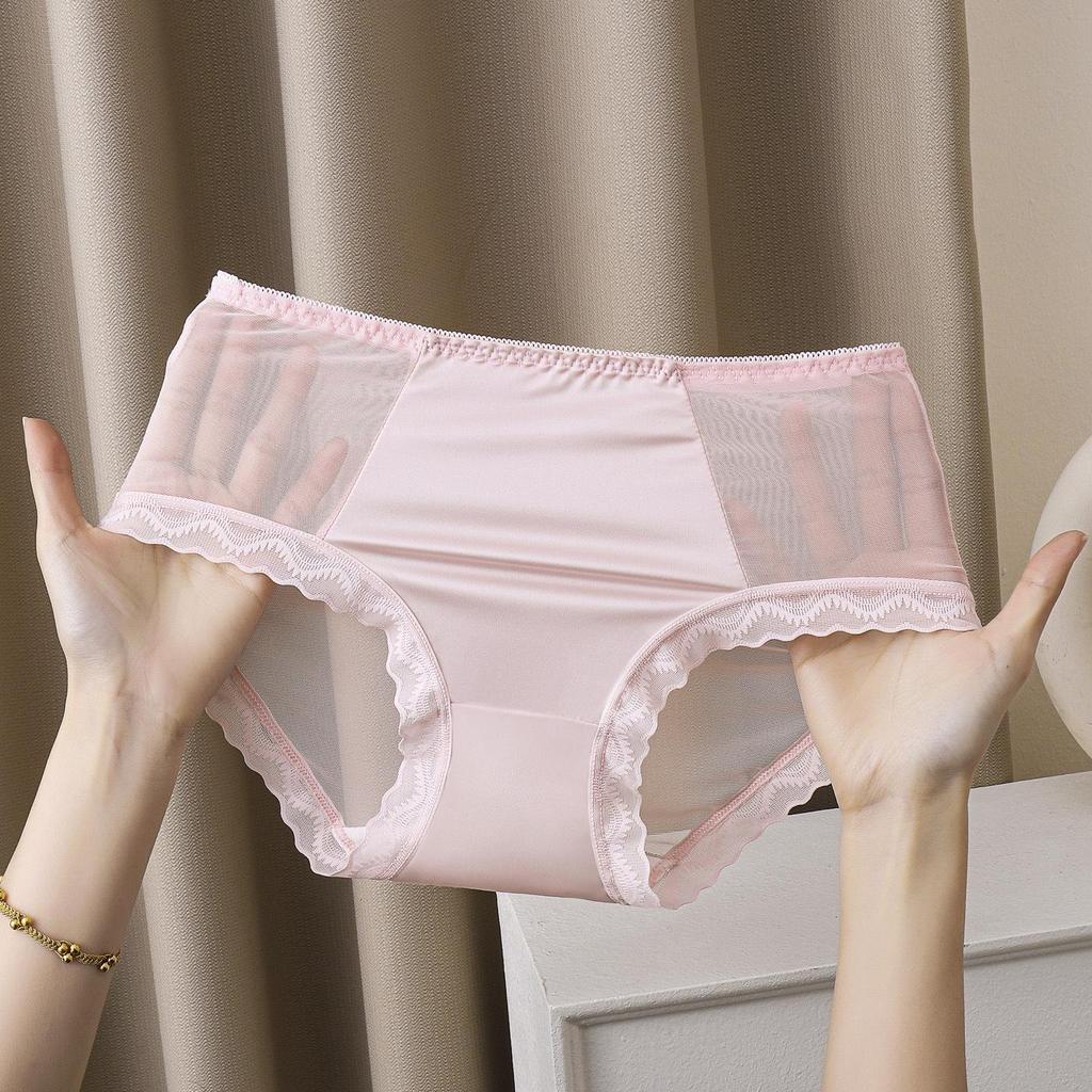 Women's Mid-Waist Ice Silk Lace Underwear - Summer Mesh Satin, Sexy Solid Color with Cotton Crotch