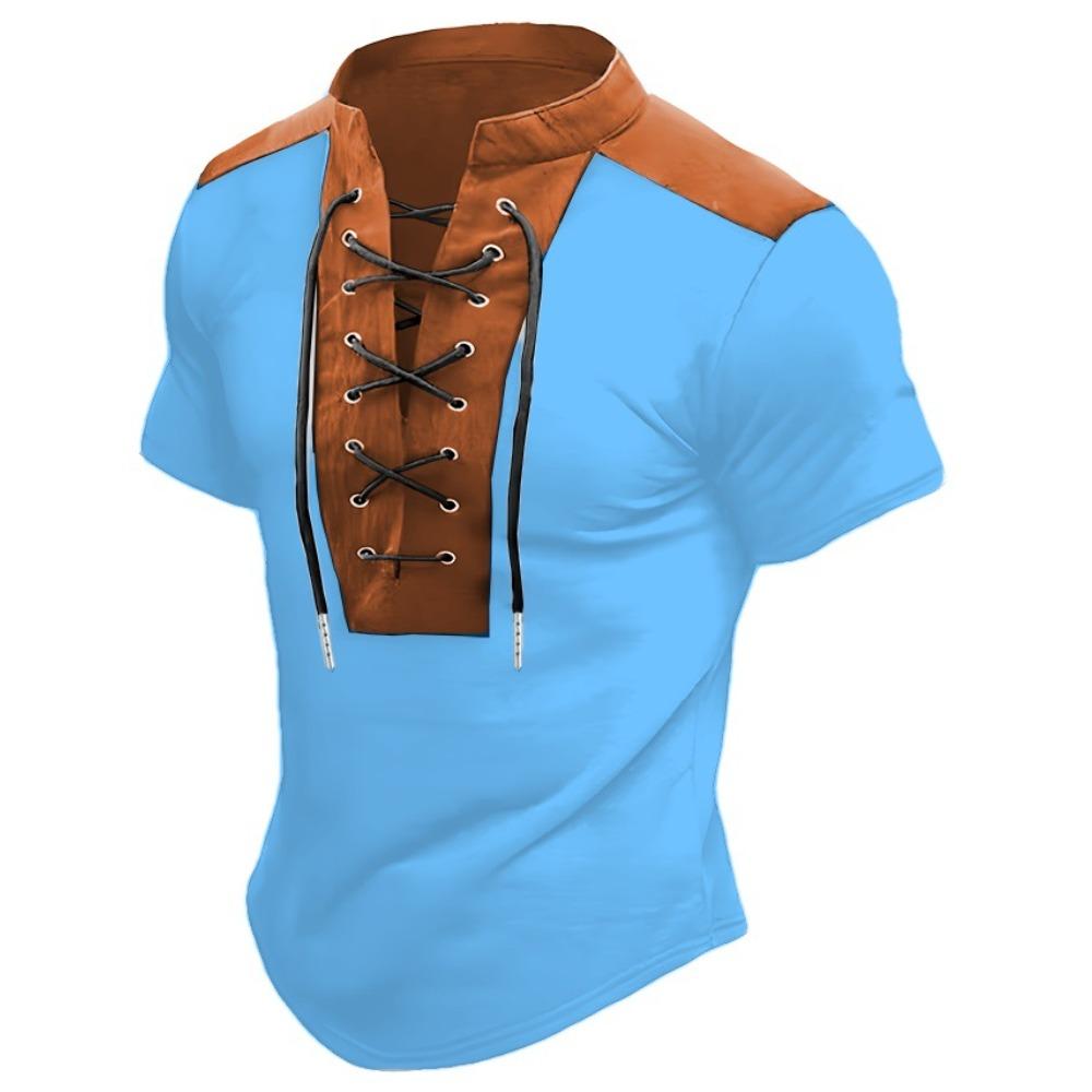 

Men s summer short-sleeved crew-neck T-shirt; loose-fit sports polo shirt with drawstring detailing S небо синє кольору