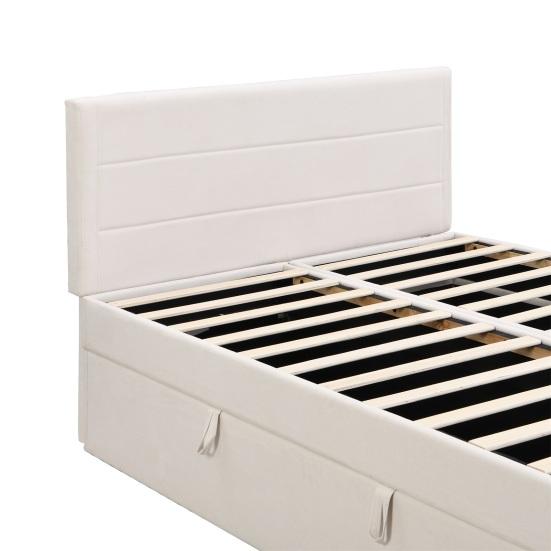 Double Bed Upholstered Bed 200x140cm Bed with Slatted Metal Frame Large Youth Storage Space Can Be Opened On Both Sides Beige Flat