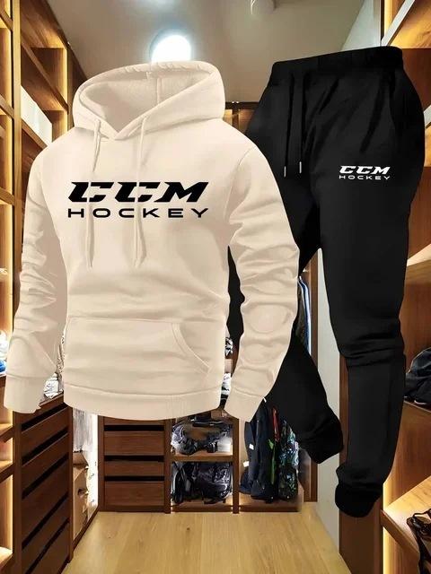 Groothandel CCM Bedrukt Heren Casual Sport Tweedeelig Pak Lange Mouw Hoodie en Joggingpak