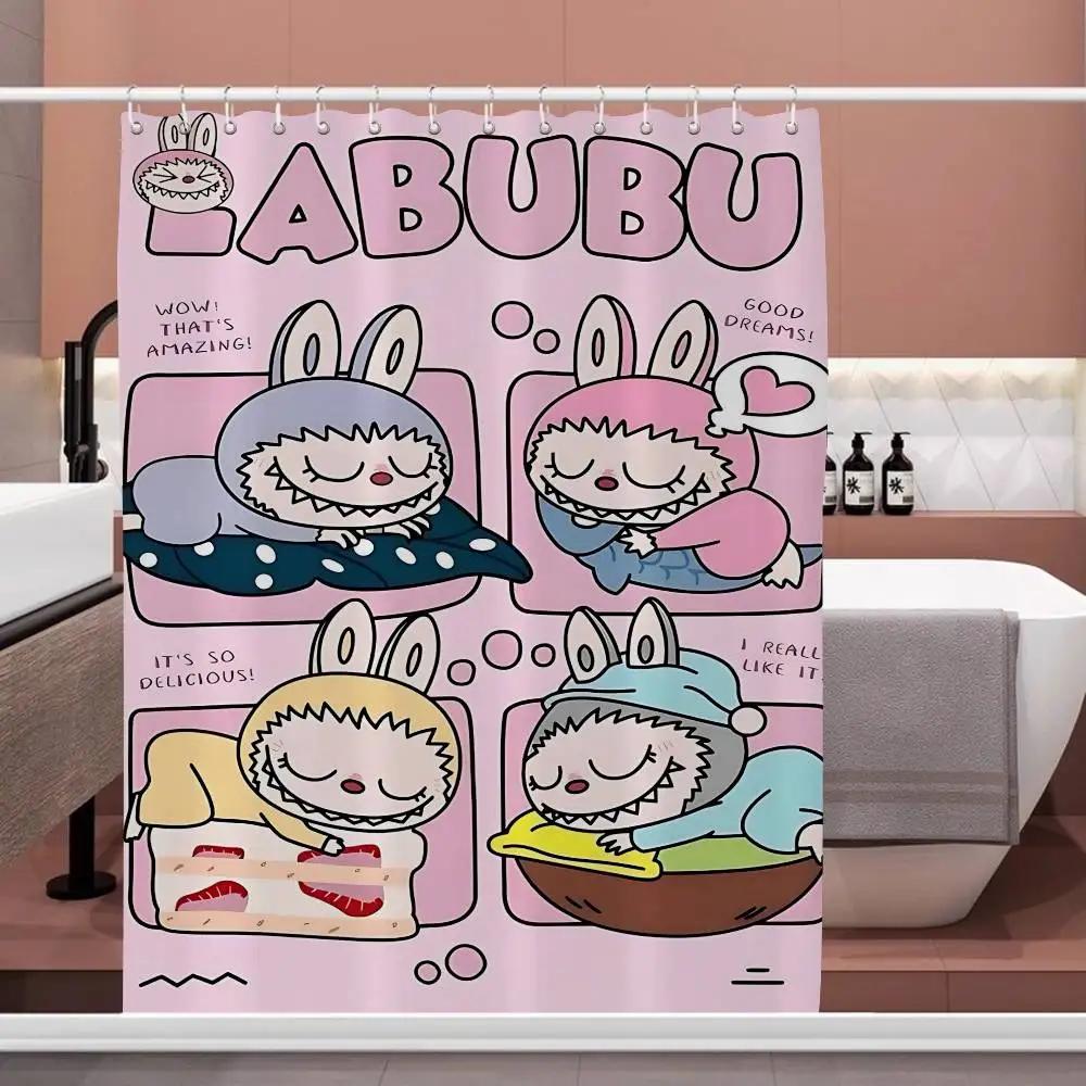 Cute L-labubu Cartoon Shower Curtain Bath Curtain Print Polyester Fabric Waterproof Bathroom Curtains With Hooks Bath Screen