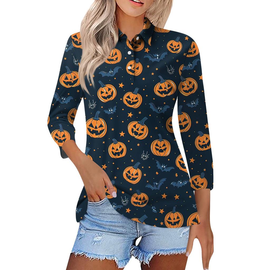 Dámská móda Ležérní Klopa Krátký 3/4 rukáv Halloweenský potisk Košile Dámské Zapínací topy