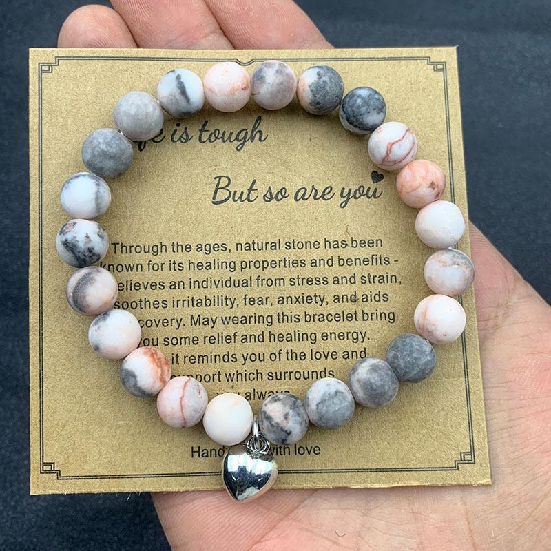 8mm Pink Zebra Stone Bead Bracelet with Gift Card: Perfect Holiday Friendship & Love Gift for Men & Women