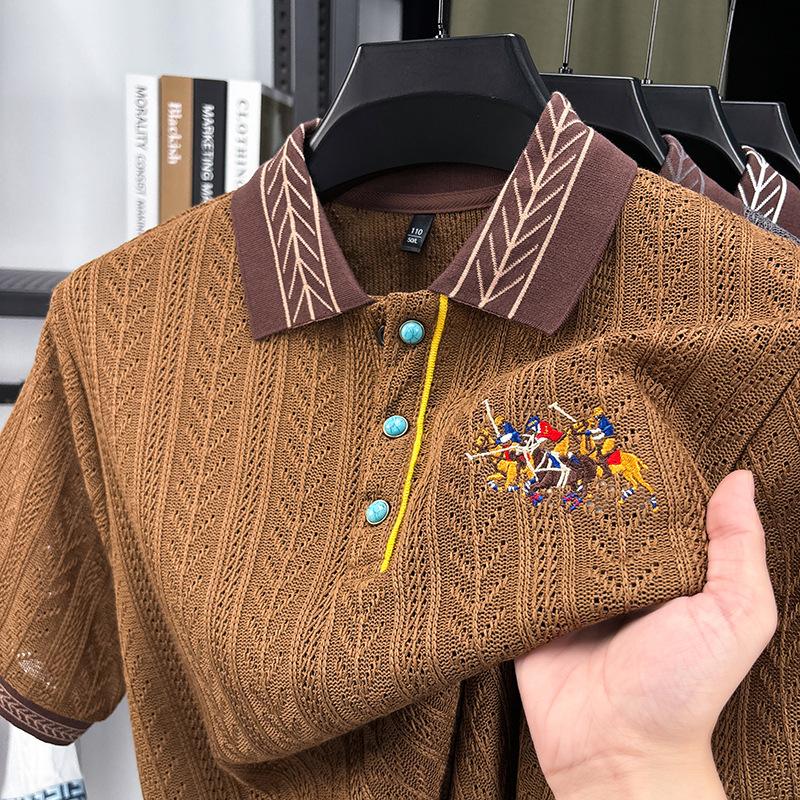 New Short-sleeved T-shirt Men's Autumn Knitted Sweater Embroidered Pattern Matching Jacquard Top