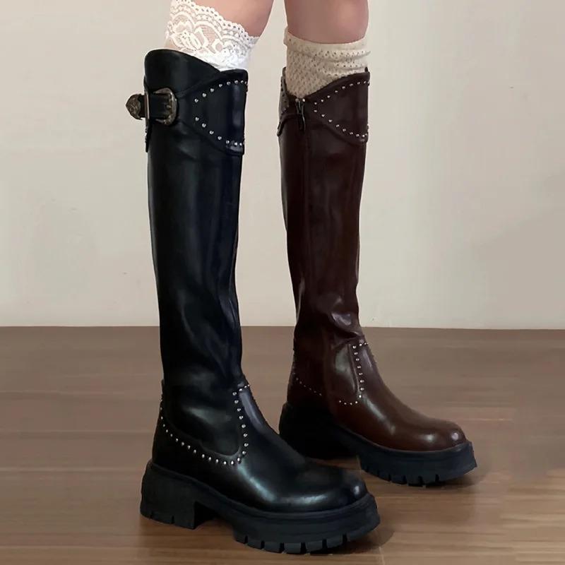 Women Knee High Boots Square High Heels 2025 Autumn Leather Thick Bottom Fashion Buckle Knight Long Botas Femininos
