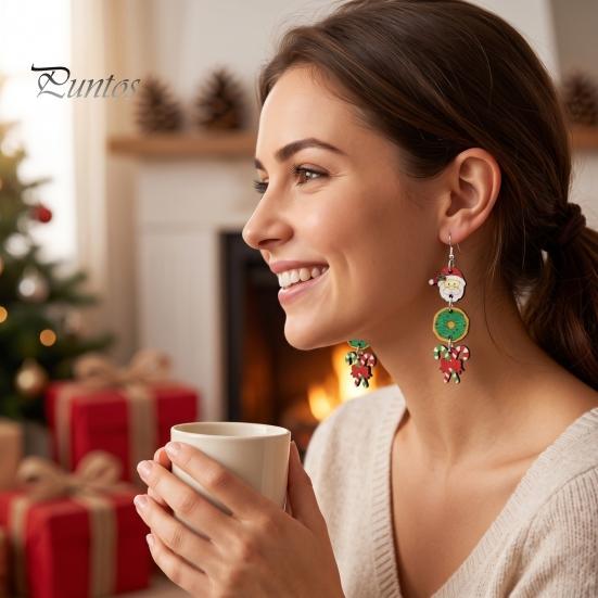 Decorative Wood Earrings 1 Pair Christmas Wooden Dangle Drop for Women, Cute Santa Fun Party Favors Gingerbread Candy Cane Earrings, Vintage
