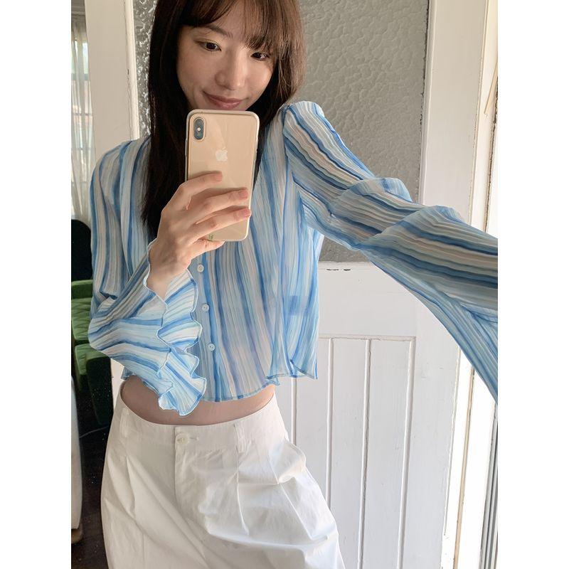 

In Stock Pleated Texture Horn Long Sleeve Sun Protective Top Female Summer Stylish Niche Style All-Matching Shirt Blue S