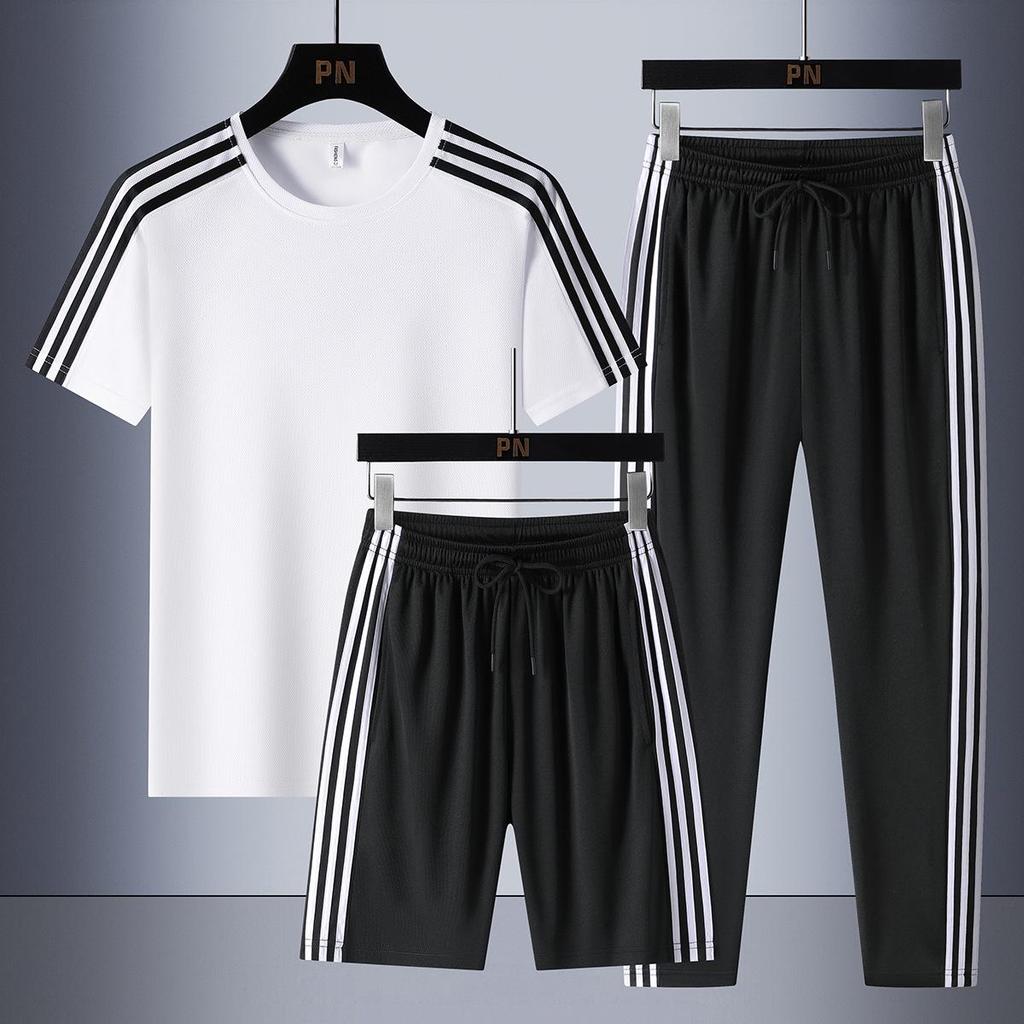 Women's Sporty Three-Piece Set: M-8XL Crew Neck, Short Sleeve with Shorts, Casual Running Attire with Three Stripes for Summer.