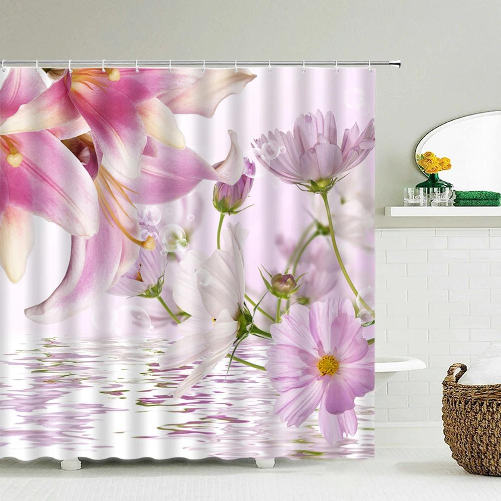 Tulip Rose Fresh Flowers Shower Curtains Waterproof Polyester Fabric 3D Printed Bathroom Screen Home Decoration Shower Curtain