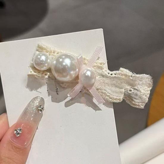 Girl Hairpin Mini Pink Bow Imitation Pearls Decor Soft Lace Hair Clip