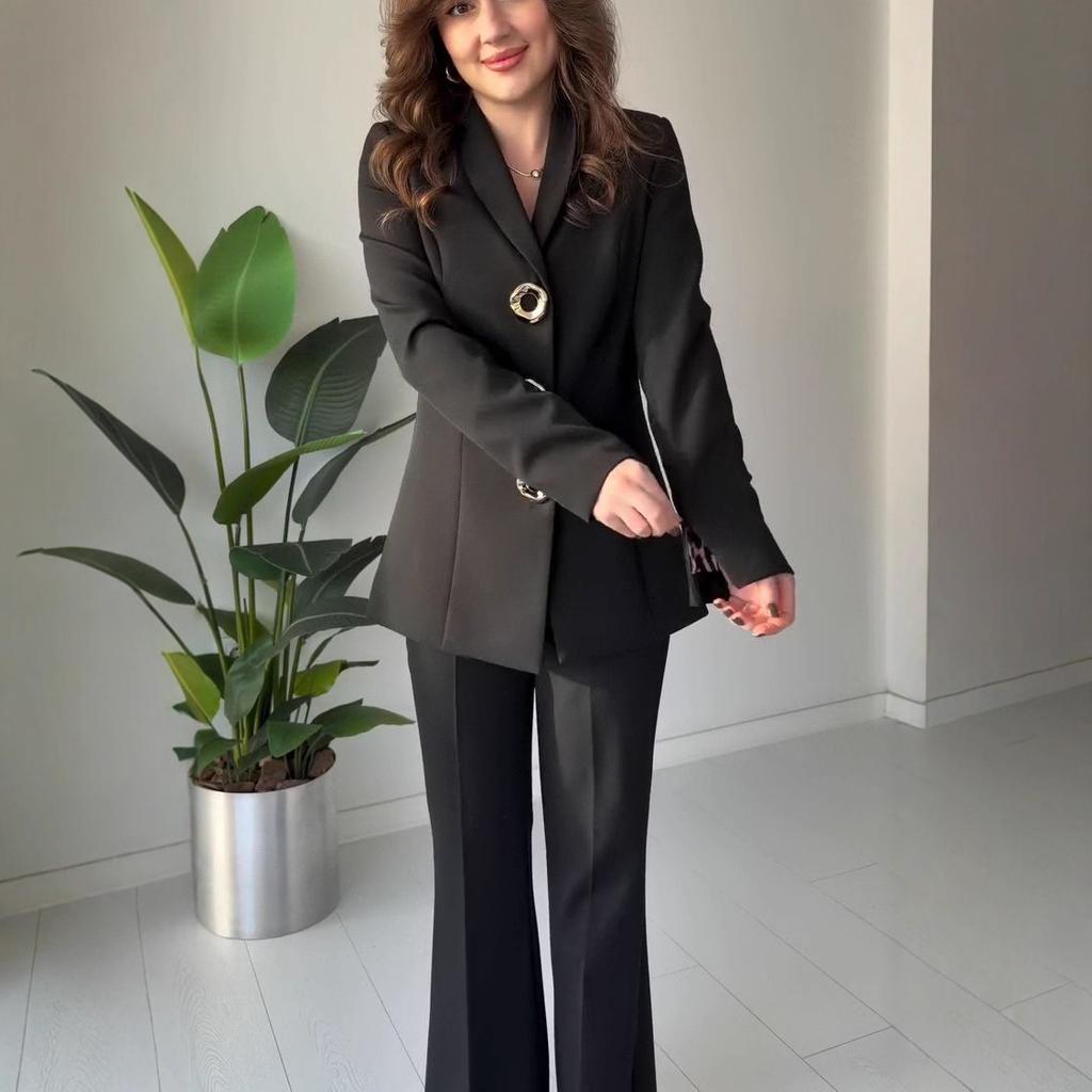 2025 Autumn New Cross-border European and American Casual Leopard Print Suit Cardigan Zipper Slit Long Sleeve Jacket Straight-Leg Pants Set