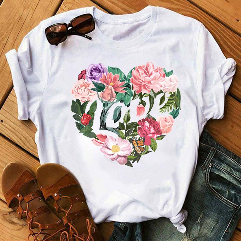 Women's White Tshirt Heart Flower Print T Ladies Casual Basis O-Collar White Shirt Short Sleeve Love Graphic Printing