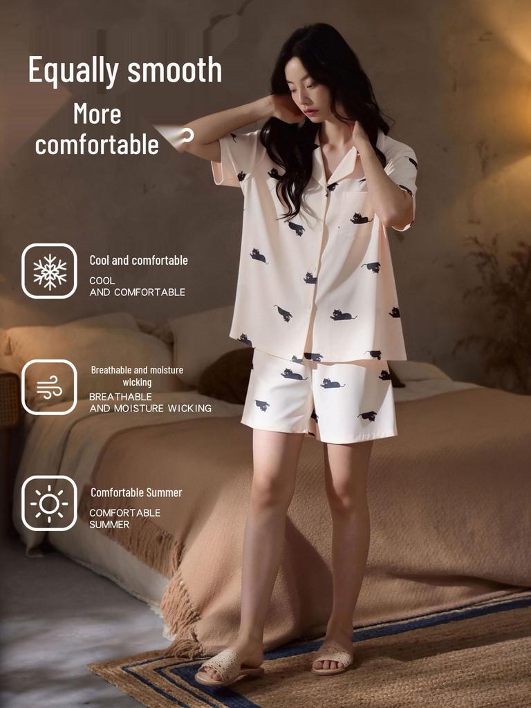 Women's Ice Silk Pajama Set, Short Sleeve Cat Design, Indoor/Outdoor Wear