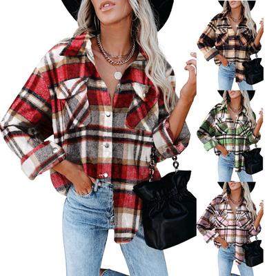 Autumn and Winter Women's Shirts Plaid Long Sleeve Shirt Flannel Tweed Jacket Tops