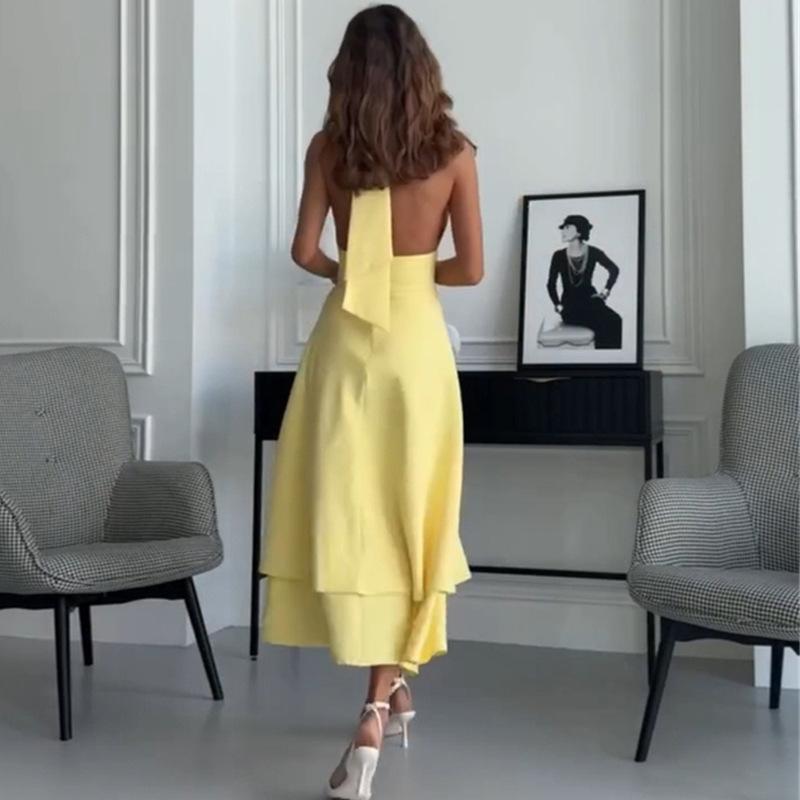 European and American women's clothing summer new temperament neck strap halter high waist yellow medium and long dress