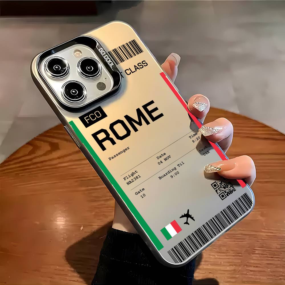 Italy Plane Travel Ticket Phone Case For iPhone 16 15 14 13 12 11 Plus Pro Max Multicolor Aurora Laser Shockproof Funda Cover