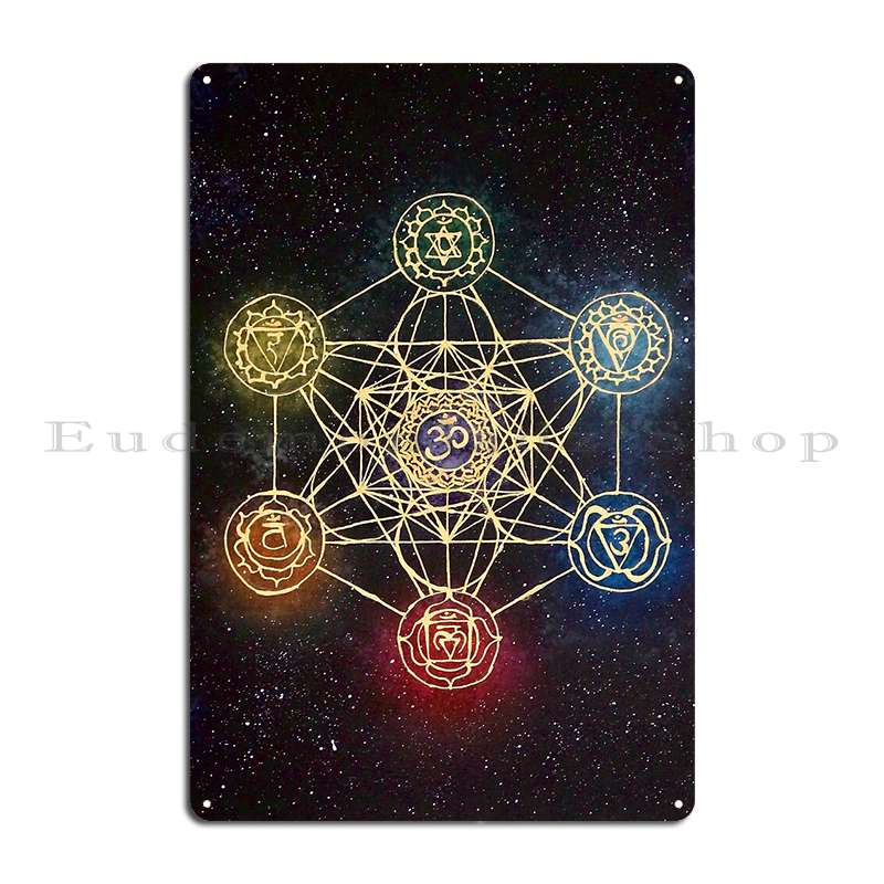 Sacred Geometry Metatron S Cube With Chakras Metal Plaque Poster Designing Cave Design Wall Decor Party Club Tin Sign Poster