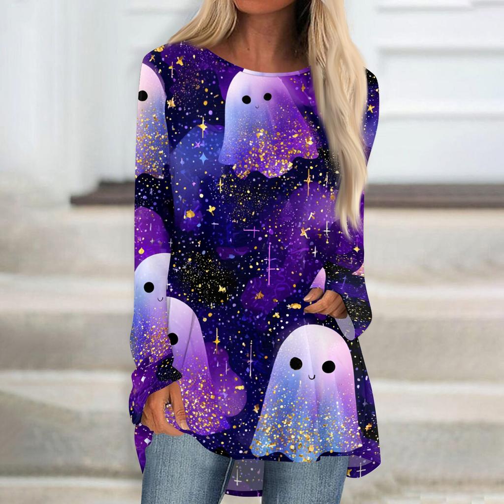 Women's Halloween Printed Long Sleeve Round Neck T-Shirt Mid-Length Casual Top