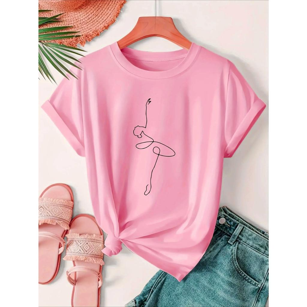 Baletnica Rysunek Liniowy Design Koszulka Damska Vintage Moda Koszulka Harajuku Streetwear Krótki Rękaw Harajuku Damska Y2K Koszulka Top