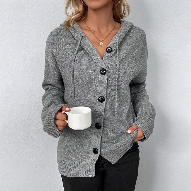 Einfarbiger Kapuzenpullover für Damen mit Kordelzug, Strickjacke