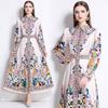 Frühling Herbst Damen Vintage Exquisiter Druck Laufstegkleider Umlegekragen Einreihig Lang Maxi Hemd Partykleid für Abschlussfeier